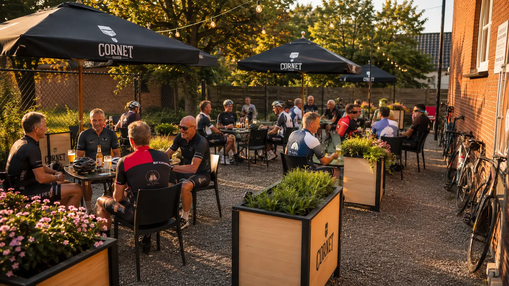 Wielertoeristen met hun fietsen op het terras van Café De Kapel